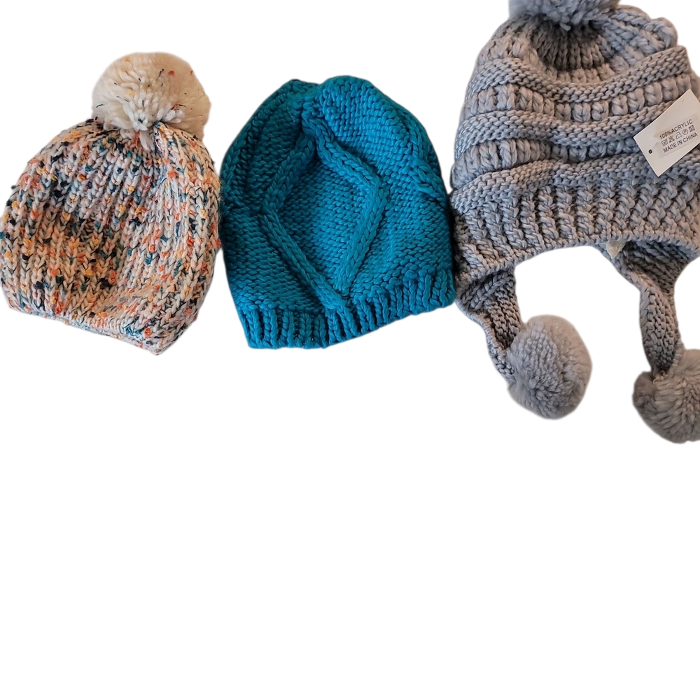Knit  Hats Set Of 3- Multicolor, Gray And Blue- Soft And Stretchy